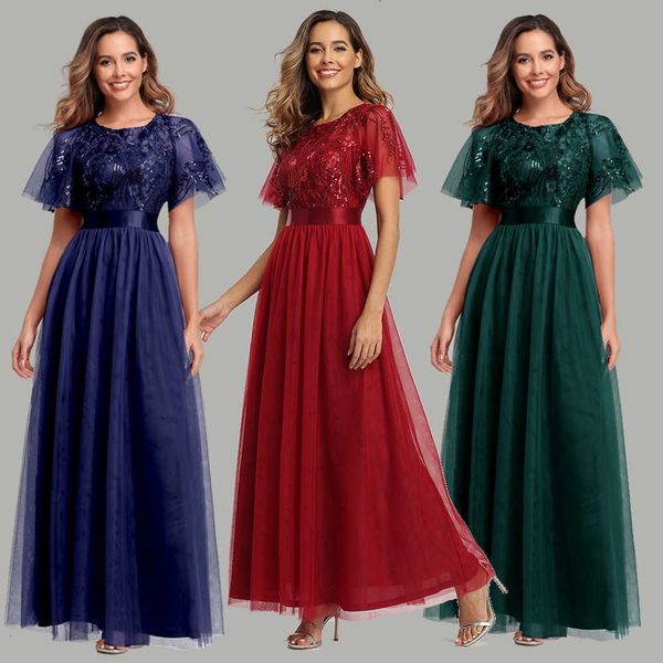 

luxury party evening dress 2021 spring and summer selling splicing sequin short sleeve round neck large swing evening for women, Black