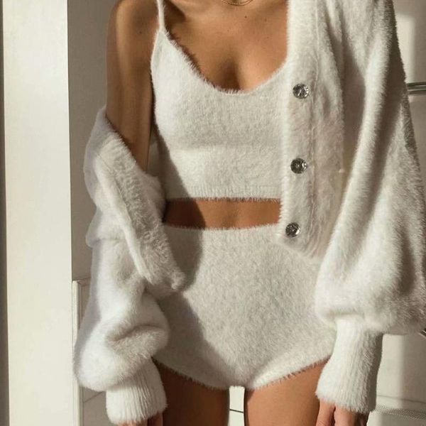 

women's tracksuits boozrey 2021 autumn street fashion sweater lantern sleeve mink knit v-neck short suspender shorts three-piece suit, Gray