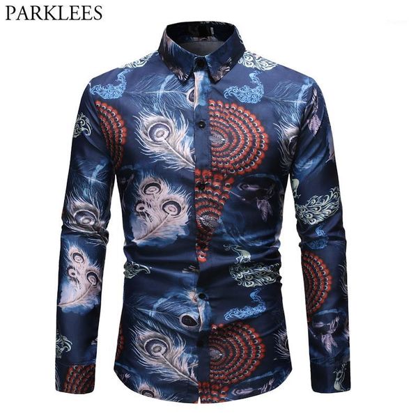 

stylish peacock print mens dress shirts 2019 brand new slim fit long sleeve shirt for men casual party socail shirt male chemise1, White;black