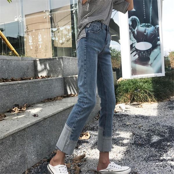 

women's jeans spring in 2021, the show thin section of tall waist straight loose stitching color nine minutes pants, Blue