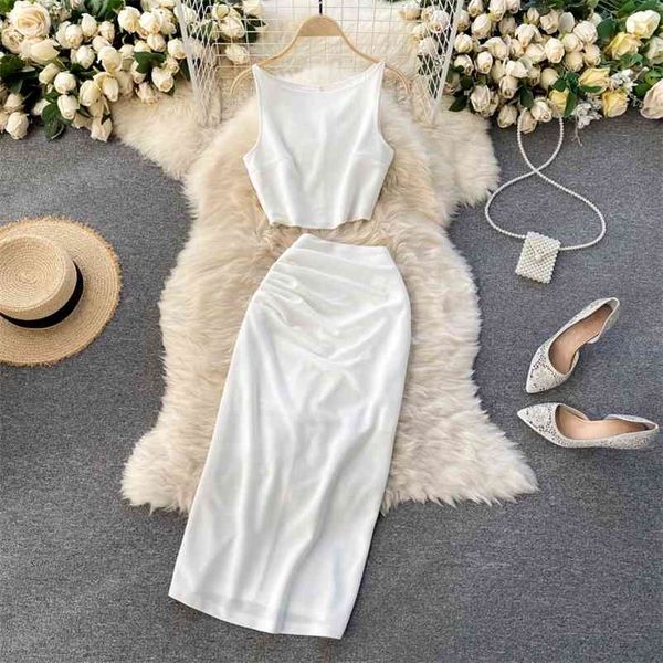 

summer arrivals solid color short sleeveless round collar high waist buttock skirt two piece set mz695 210525, White