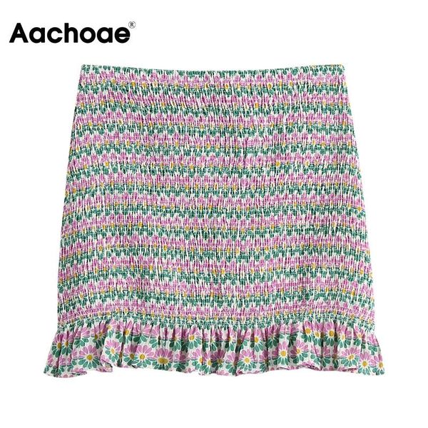 

skirts aachoae chic women floral printed mini skirt 2021 summer high waist ruffles elegant female sweet pleated stretch, Black