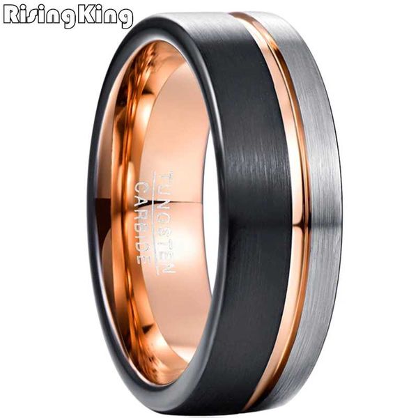 

wedding rings flat rose gold and black tungsten carbide band ring, Slivery;golden