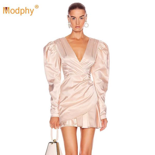 Frühling Rosa Sexy Tiefem V-ausschnitt Laterne Hülse Plissee Mini Kleid Frauen Bodycon Club Berühmtheit Abend Party Vestidos 210527