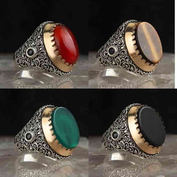 

vintage handmade turkish jewelry green stone black onyx ring retro silver color men wedding classic punk engagement