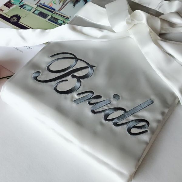 

women's sleepwear embroidery custom wedding date name faux silk robe women bride bridesmaid bachelorette preparewear kimono robes gown, Black;red