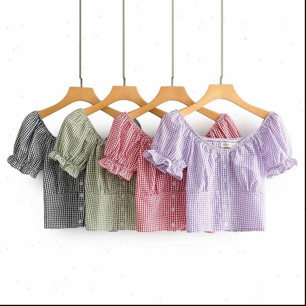 

women blouse square collar puff sleeve short plaid print buttons blouse slim blouses bottoming shirts, White