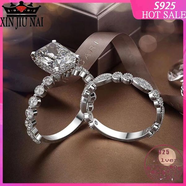 

cluster rings 100% s925 sterling silver european and american bright four-claw retro decorative art radiant square diamond wedding ring set, Golden;silver