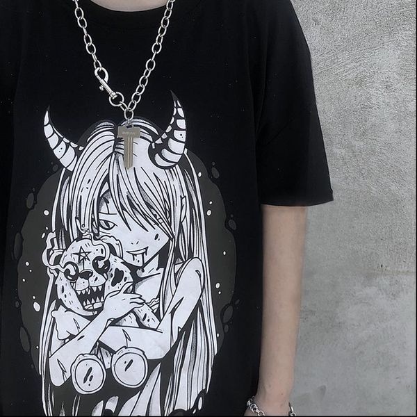 

punk gothic women t shirts loose streetwear harajuku satan cartoon girl print summer fun casual aesthetic japan cute, White