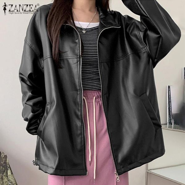 

women's jackets 2022 autumn casual long sleeve cardigans oversized solid outwear women zipper short fashion lady pu leather coats, Black;brown