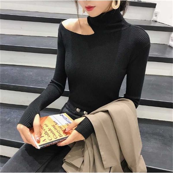 

women solid stretch knit sweater hollow out turtle neck casual sweaters autumn winter pullovers for women, White;black