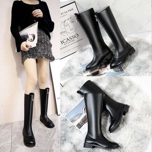 

boots plush warm zip women's 2021 autumn and winter british style shoes wild front zipper thin long, Black