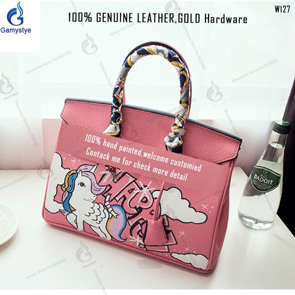 

art graffiti paint pink happy unicorn handmake bags famous brand shoulder womens genuine leather handbag designers luxury bags, Black;red