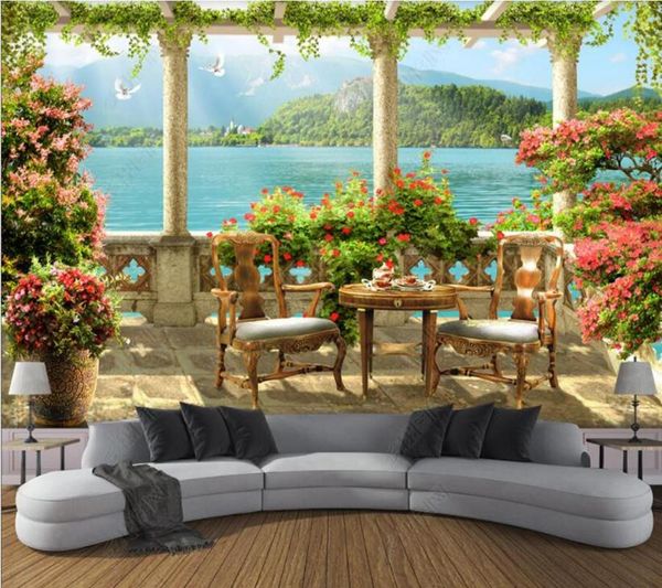 

wallpapers papel de parede pillar balcony lake scenery background wall 3d wallpaper,bedroom ktv bar mural decor