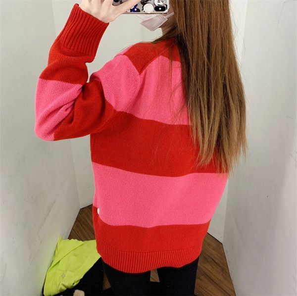 

nordic smiling face color matching wide stripe v-neck knitted cardigan women's lazy style loose casual sweater fashion, White