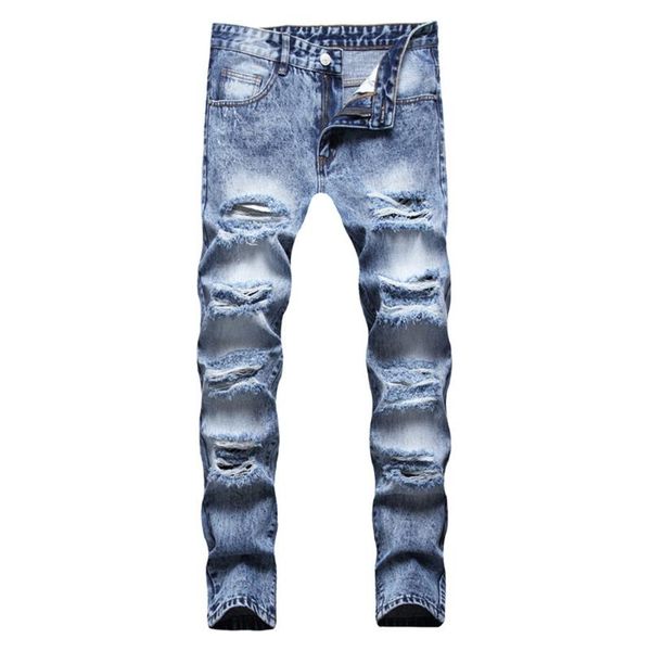 

men's jeans men snow washed holes ripped denim trendy plus size straight pants distressed trousers, Blue