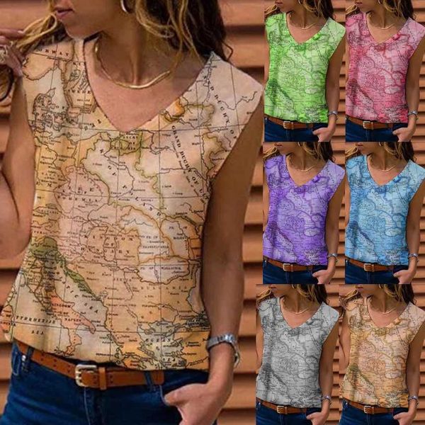 

2021 fashion t shirts spring and summer vest map printed women's wear, White