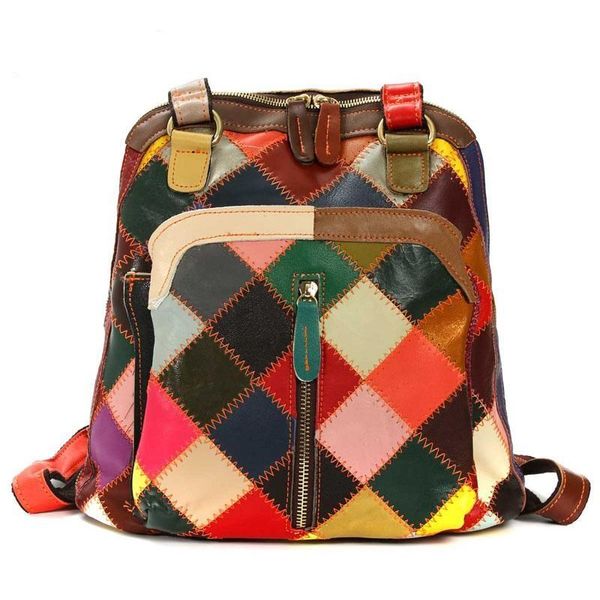 

New Personalized retro style backpack designer women color mosaic lattice pattern backpack leather schoolbag leisure shoulder bag schoolbag, As pic