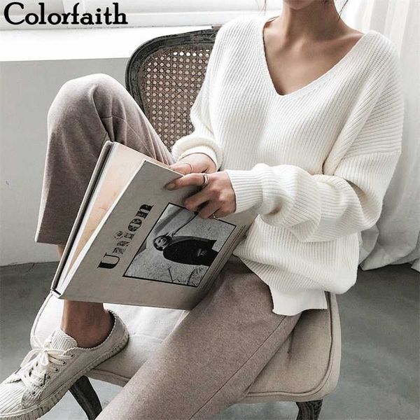 

colorfaith winter spring women's knitwear v-neck minimalist korean irregular hem knitted casual sweaters sw8112 211011, White;black