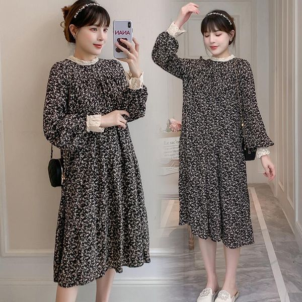 

maternity dresses fashion lace spliced floral dress spring autumn long sleeve loose clothes for pregnant women pregnancy, White