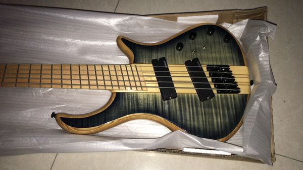 Mayon 5 Strings Trans Preto Chama de Bordo Top Elétrico Baixo Gola Pescoço Através Do Corpo, Folhas Fanned, Fios Activos 9V Caixa de bateria