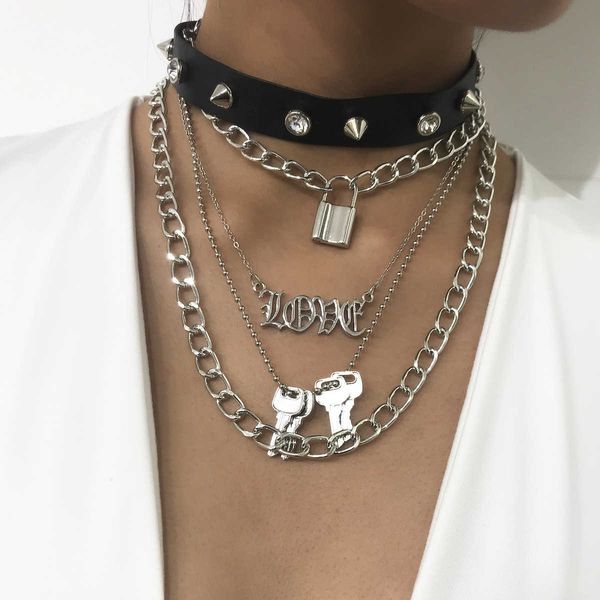 

jewelry women hip hop personality punk rivet pu multi layer suit necklace, Silver