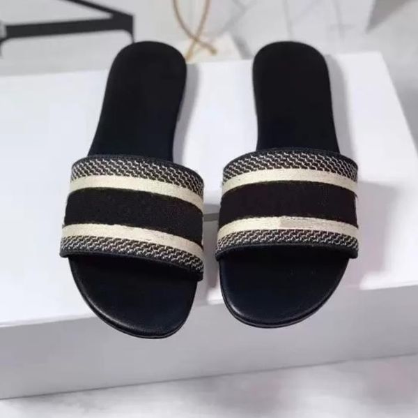 

famous brands big d luxury slipper women ladies scuffs summer beach striped causal flip flops flat slide slippers sandals designers embroide, Black
