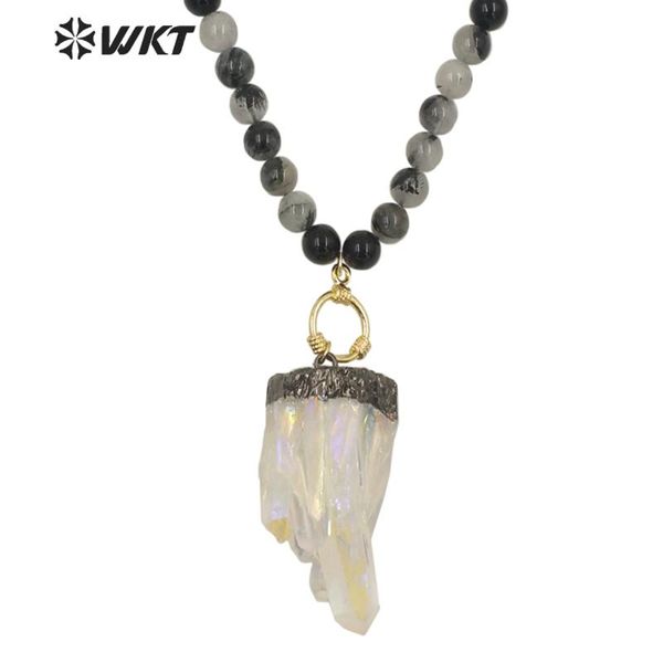 

wt-n1279 wholesale black gun electroplated aura crystal quartz beads necklace amazing spirit quartz stone necklace, Golden;silver