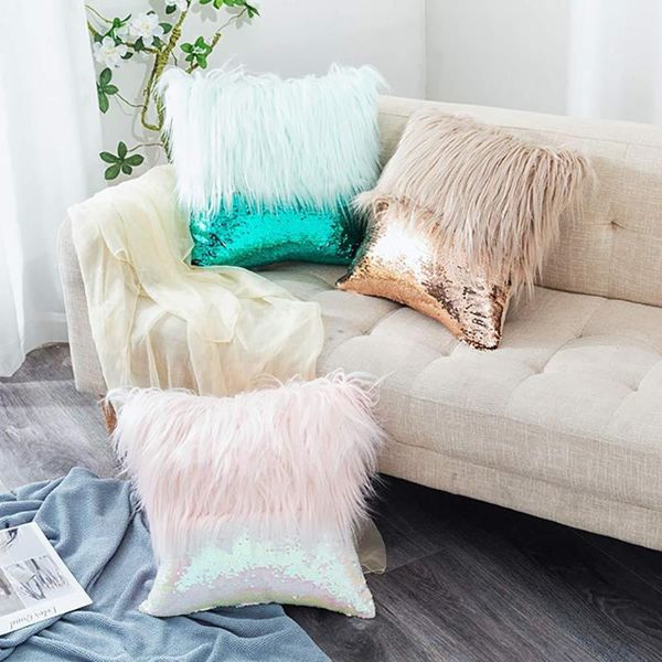 

cushion/decorative pillow sequins splicing long plush decorative cushion cover furry cushions fish scale glitters pillowcase sofa throw
