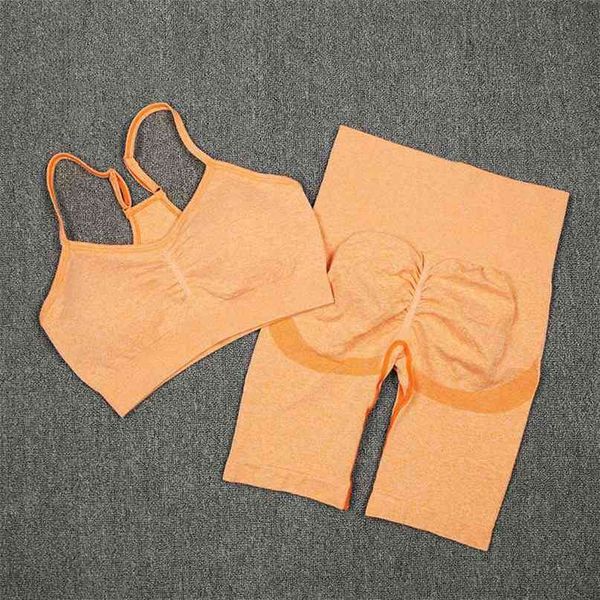 

women's tracksuit summer seamless 2pcs shorts set gyms yoga suit sport bra with high waist running fitness leggings 210813, Gray