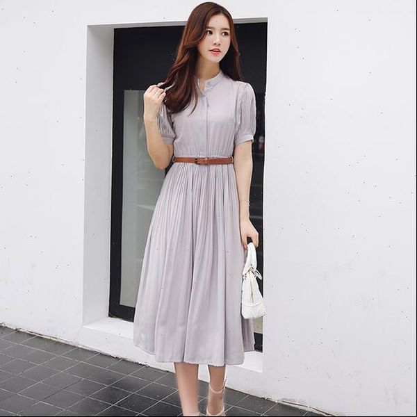 

2021 stand collar single button front short sleeve pleated chiffon long skirt with belt df296, Black