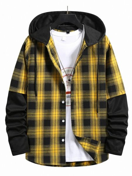 

men plaid drawstring hooded shirt c6at#, White;black