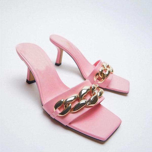 

slippers spring/summer 2021 designer shoes square toe pink women's sandals metal chain acts high-heeled slides fashion, Black