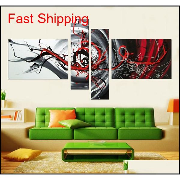 

multi piece combination 4 pcs/set canvas art abstract oil painting black white and red wall decor hand-painted qylvcj bwkf