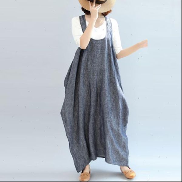 

2021 zanzea women summer straps sleeveless solid baggy backless long dungarees dress cotton linen party beach vestido plus size, Black;gray
