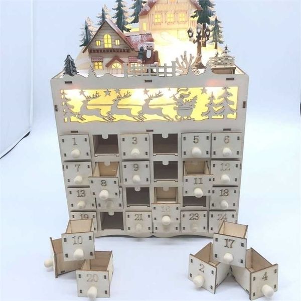 Рождественские снеговика деревянные календарь календарь приведающего отсчета 24 ящики с светодиодным светом орнаментом 211105