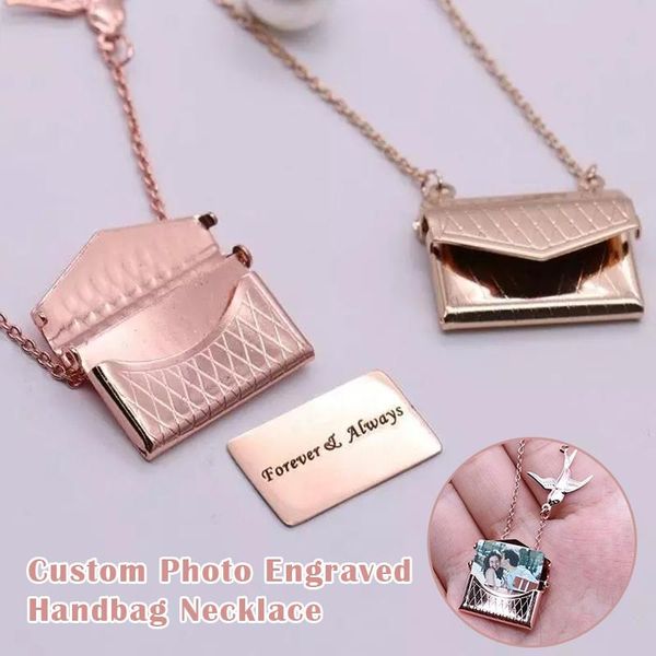 

newly diy p engraved handbag necklace diy picture necklace ladies fashion simple square pendant clavicle chain dod88, Silver