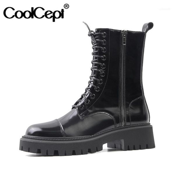 

boots coolcept women half short real leather thick bottom winter autumn shoes fashion cool woman size 34-3911, Black