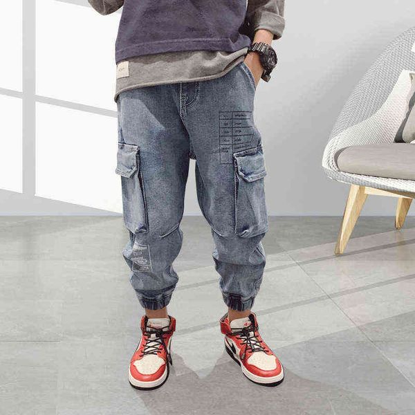 

trendy jeans for boys kids autumn children's clothing soft jeans loose denim pants big pocket cargo pant hip hop boys trousers g1220, Blue