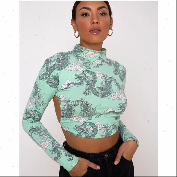 

high street dragon printed women t shirts backless crop long sleeve bandage high neck lace up t shirt graphic tees, White