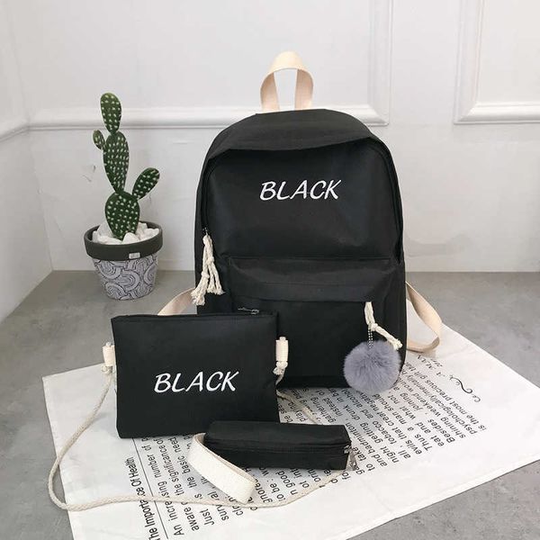 Ucuz Siyah Geri Kızlar Için Back Paketleri Erkek 3 adet Çanta Set Okul Çantaları Unisex Mektup Baskı Kadınlar Okul Satchel Teen Schoolbag Ponpon X0529