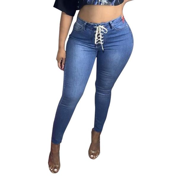 

women's jeans 2021 wild solid color women ladies fashion slim skinny mid waist lace up casual stretchy denim pants for daily wear, Blue