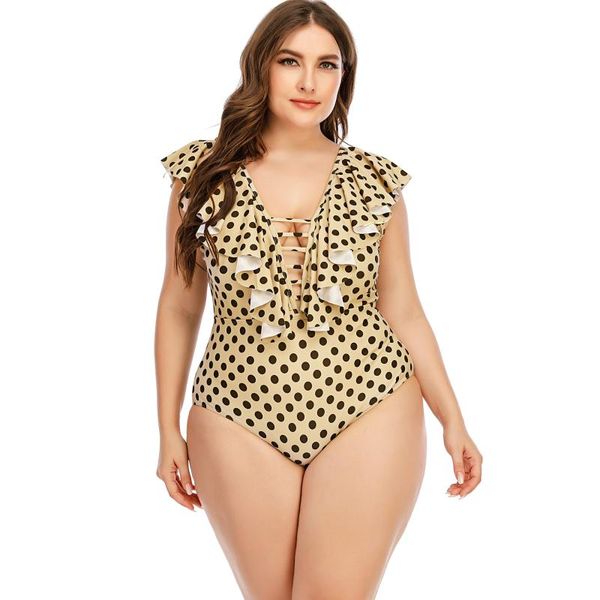 

2021 swimwear women classic polka dot printed summer monokini multilevel ruffle bodysuit yellow dots beachwear deep-v bikini 5xl