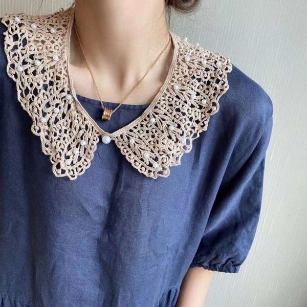 

korean pearl cotton hollowed out with shirt collar for women's spring and summer shoulder scarf, Blue;black