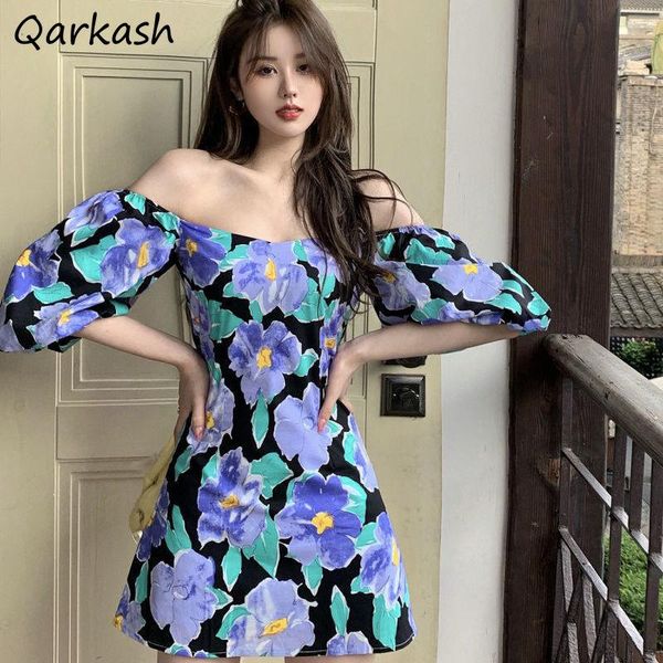 

casual dresses puff sleeve dress women mini floral slash neck slim design stylish summer beach ladies romantic vestidos leisure, Black;gray