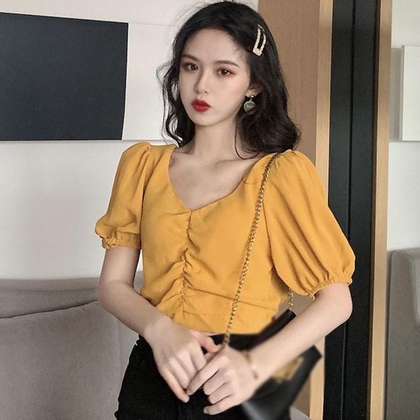 

women's shirts summer solid color shirts v-neck puff sleeves all-match sweet crop short sleeves blouses for women new, White