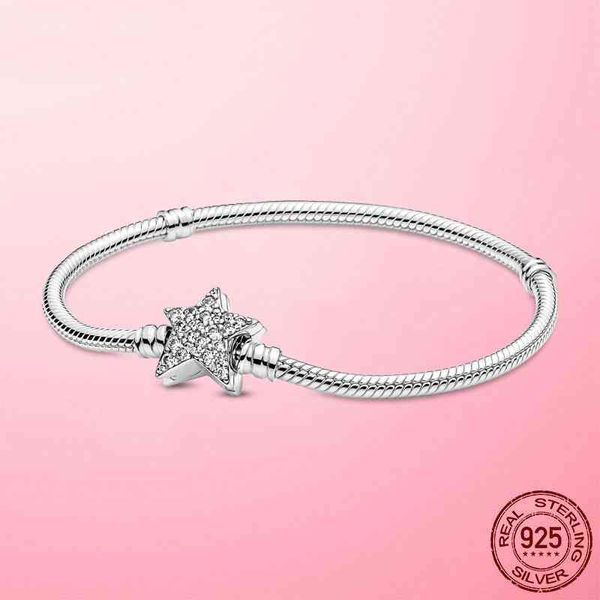 925 Sterling Silver Cubic Zircon Star Link Snake Bone Bone Pulseira Para As Mulheres Fit Pandora Original Charme Bead DIY Fazendo