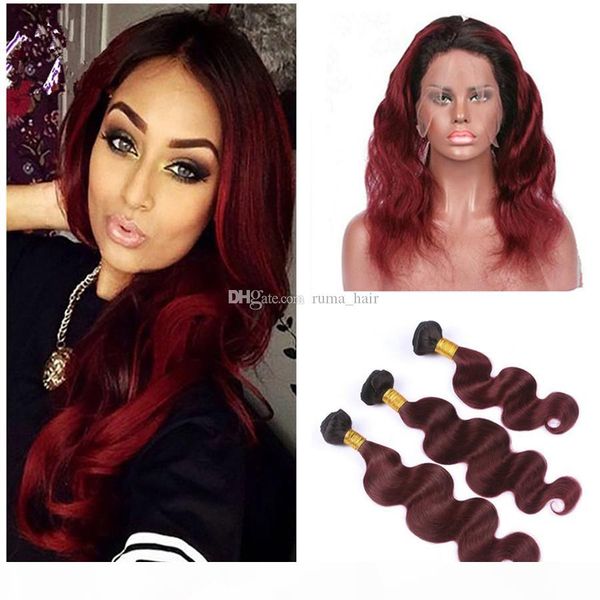 

wine red 360 lace frontal closure with hair bundles color 1b 99j burgundy ombre body wave brazilian hair weaves with 360 lace frontal, Black;brown