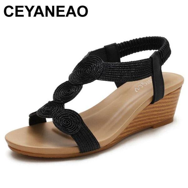 

ceyaneao women fashion wedges sandals ladies shoes metallic leather t strap pumps female mid heel plus size 36-42, Black