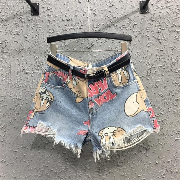 

cartoon print denim shorts feminine women jean summer slim fashion all match high waist tassel hole wide leg short casual, Blue